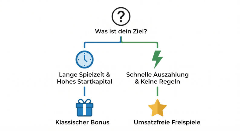 Entscheidungsbaum für Casino-Boni: Gegenüberstellung von klassischem Einzahlungsbonus für lange Spielzeiten und umsatzfreien Freispielen für schnelle und regelfreie Auszahlungen.