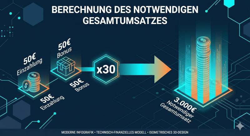 Rechenbeispiel für Casino-Umsatzbedingungen: 50 Euro Einzahlung und 50 Euro Bonus erfordern bei einem 30-fachen Rollover einen Gesamtumsatz von 3000 Euro an Spielautomaten.