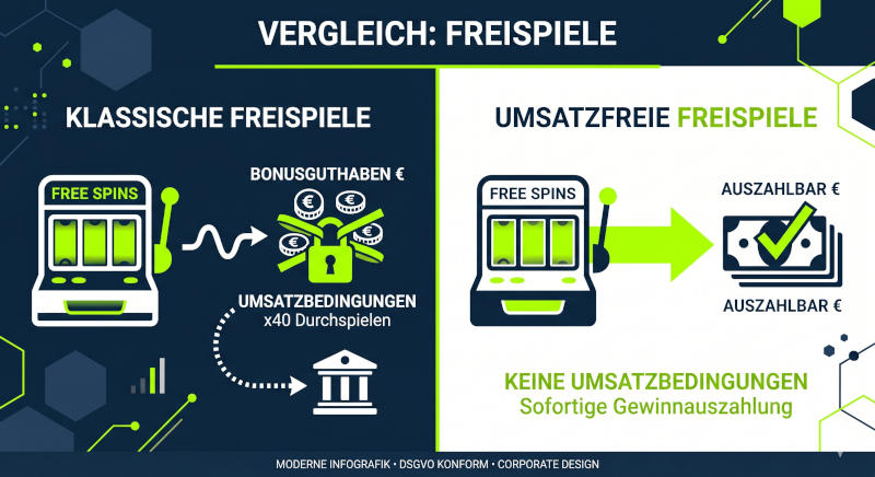 Vergleichs-Infografik: Klassische Freispiele mit blockierenden Umsatzbedingungen im Gegensatz zu umsatzfreien Freispielen mit direkter Auszahlung als Echtgeld.